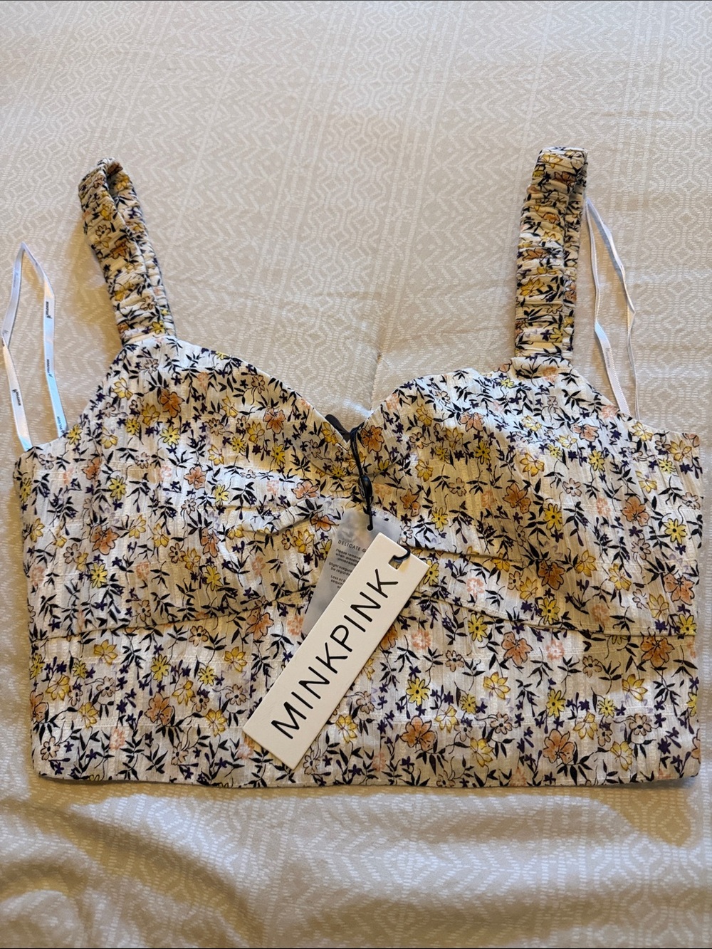 MINKPINK Cream Floral Bustier Crop Top with Yellow and Navy Accents